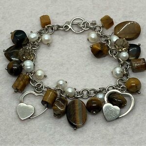 Vtg 925 Sterling Silver Tiger’s Eye & Freshwater Pearl Chunky Beaded Bracelet